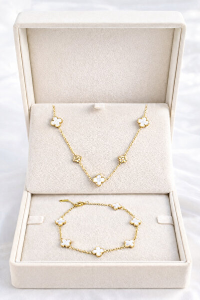 Gulsah's Store Çelik mini beyaz zirkon taş yoncalı kolye ve bileklik 2’li set...