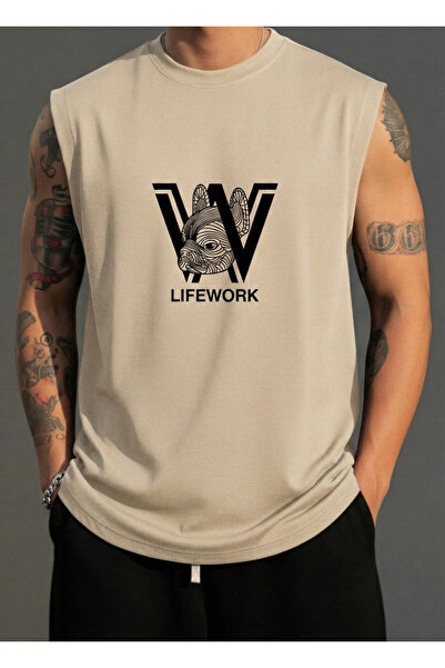 BUWOM Men's Life Work Printed Zero Sleeve Crew Neck T-Shirt