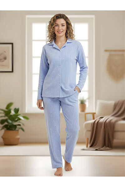 Pijamask Women's Shirt with Collar and Buttons, Fleece 2-Piece Set