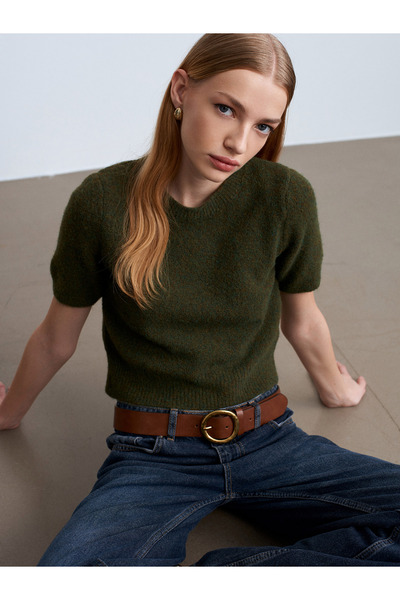 Dilvin 10651 Wool Blend Short Sleeve Sweater-Khaki M.