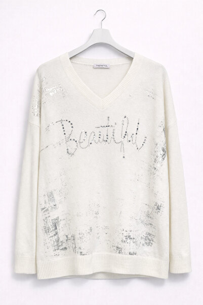 günay boutıque Stone Detailed V-Neck Knitwear Sweater – Ecru