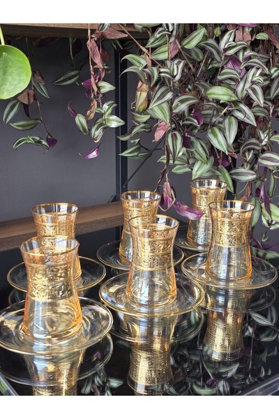 FERMATO Handmade Crystal 24K Gold Crafted Alda Amber Lustered 12-Piece Servin...