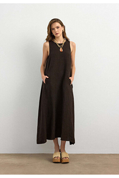 Ranasubaşı 100% Linen Zero Sleeve Dress Brown