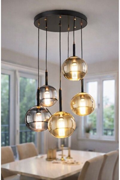 HRH ELEKTRİK HRH-5001 MODERN 5'Lİ FÜME GLOP CAM ÖZEL TASARIM SİYAH AVİZE