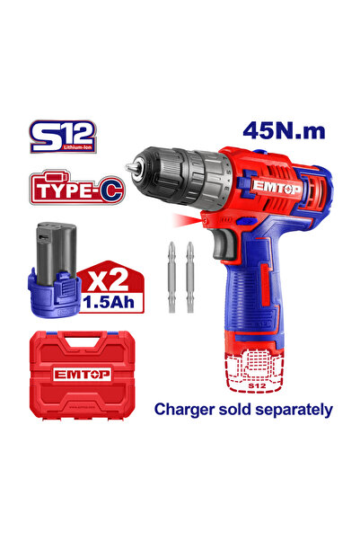 EMTOP Drill Machine, 12V, 2 Batteries 1.5Ah, USB-C Charging, 45Nm – ECDL12620E,