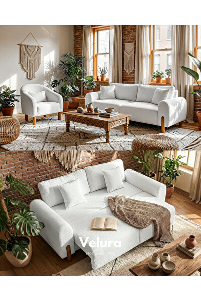 Velura Home & Living Mora Bohem Üçlü Kanepe & 3'lü Koltuk - Beyaz