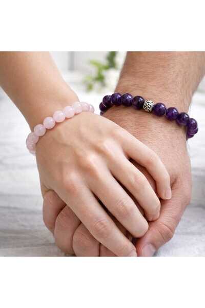 best bioenerji taş terapi Amethyst & Pink Quartz 8 mm Lover Bracelets