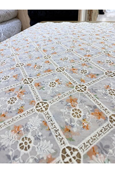 METERİAL Lace Detailed Guipure Embroidered Rectangular Tablecloth - Stain Res...