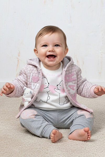 Rocha Baby Rocha Kız Bebek Pembe Kapitone "Bear" Nakışlı 3’lü Takım - Peluş A...