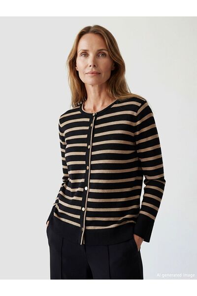 LC Waikiki Lcw Grace Beige Crew Neck Striped Women's Knitwear Cardigan