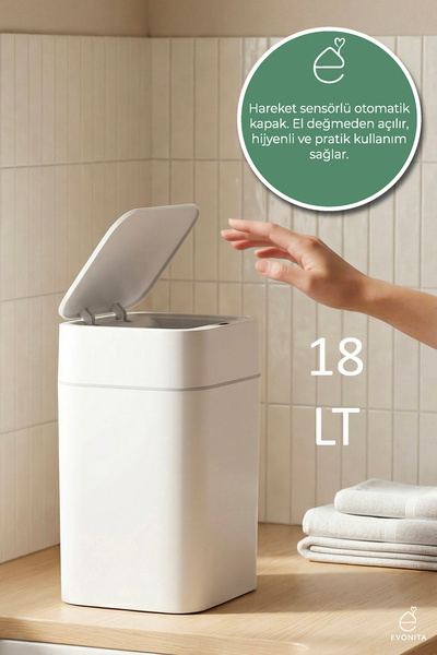 EVONİTA 18 Lt Hareket Sensörlü Çöp Kovası Otomatik Kapaklı Sessiz Kapanan Mod...