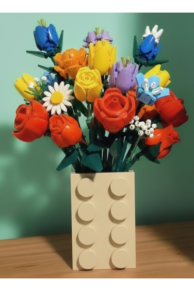 Mutlu Tasarım Lego Çiçekleri İle Uyumlu Vazo Hediyelik Vazo (Çiçekler Dahil D...
