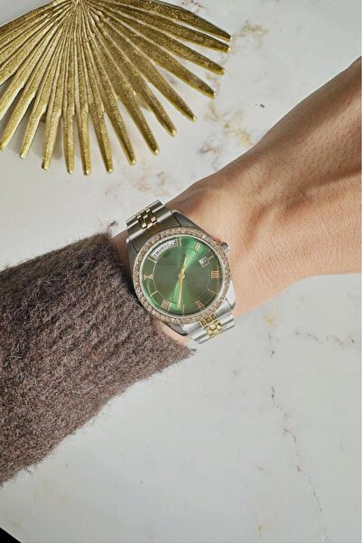OQQO Myra Double Date Display Green Dial Gold Silver Band Women's Wristwatch