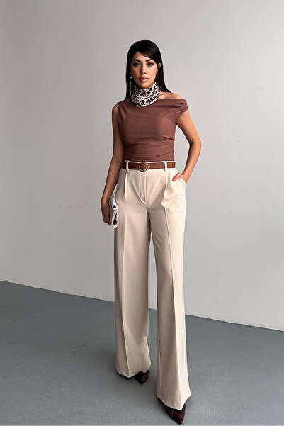 macharel jeans Γυναικείο εποχιακό παντελόνι Palazzo Cream με φαρδιά μπατζάκια...