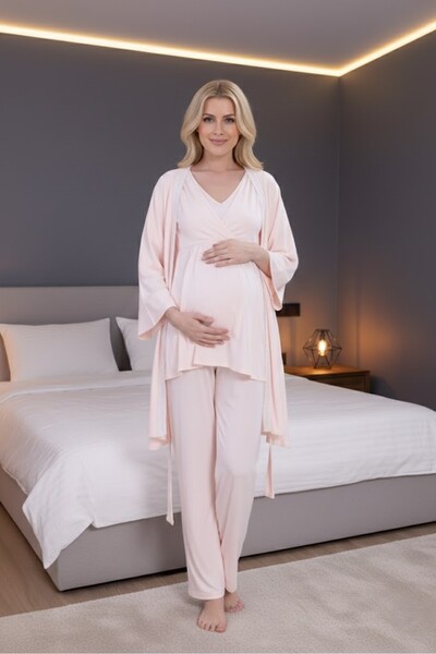 Lohusa Homewear مجموعة بيجامات صيفية من القطن المنسوج بأكمام قصيرة وياقة على ...