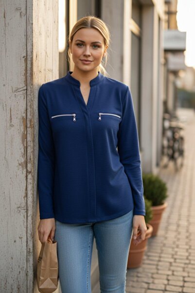Mossta Zipper Detailed V-Neck High Collar Viscose Blouse - Navy Blue