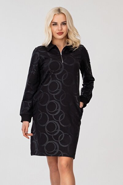 Bold & Young Women's Black Cotton Lycra Foil Printed Dress with Zipper Collar...