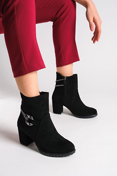 MEVESE New Edna Siyah Süet Tokalı yüksek Topuklu Kadın Bot