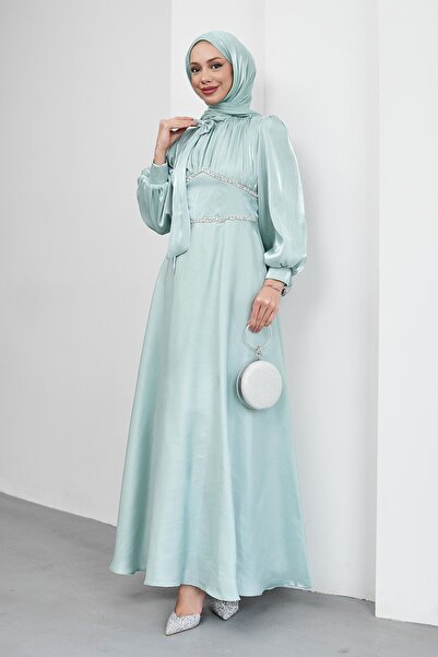 İmajButik Mint Green Bow Collar Balloon Sleeve Evening Dress with Stone Detai...