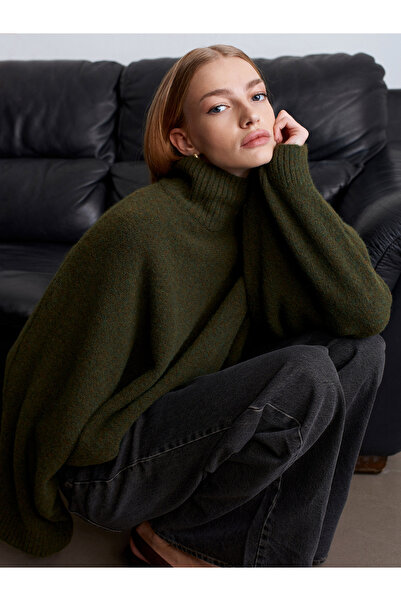 Dilvin 10817 Wool Blend Bat Sleeve Sweater-Khaki M.