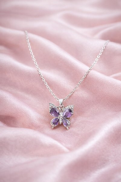 Sweet bunny Steel Necklace with Purple Stone and Butterfly Figure – Elegant & Stylish Design