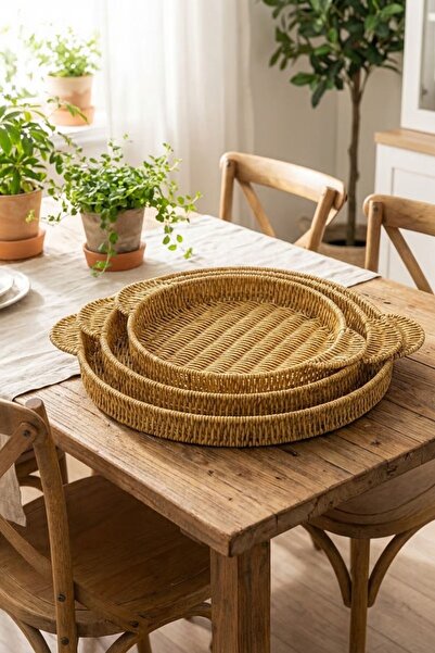 Buffer ®   Interlocking Set of 3 Round Plastic Rattan Trays – Wicker Look Mul...