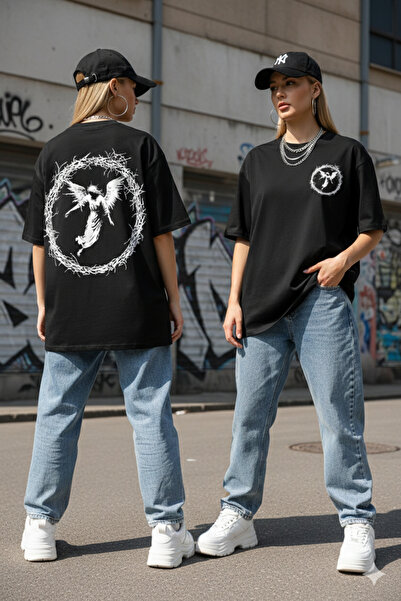 FUWEAR Unisex Black Oversize Butterfly Printed Crew Neck T-Shirt