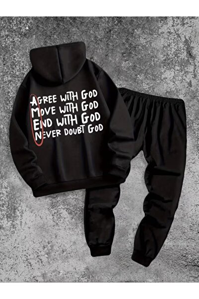 AEMİ Unisex God Printed Hooded Top and Bottom Set