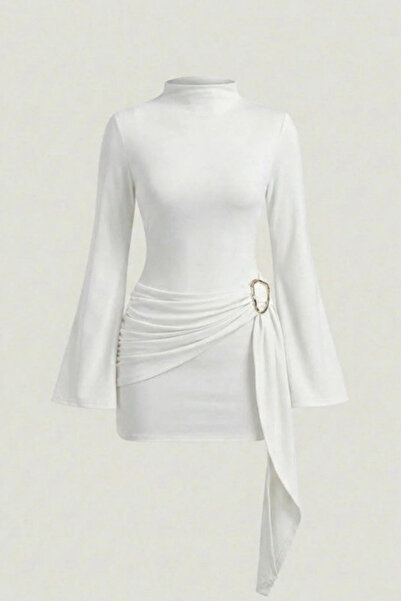 oshebu Kadın Dik Yaka Toka Detaylı Kuşaklı Mini Elbise