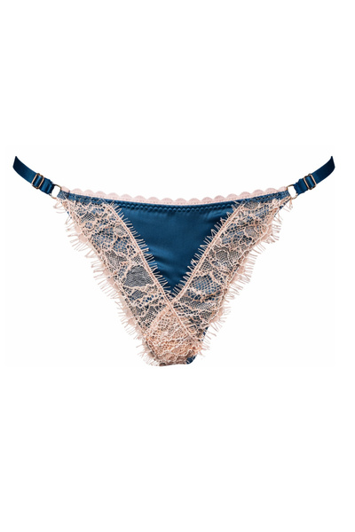 Noblesse Oblige Satin and Silk Blue Petrol Moon Thong with String, S,