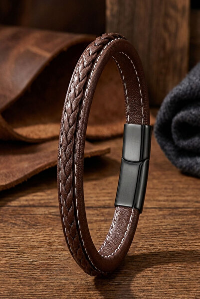 OSMANLI GÜMÜŞ Men's Leather Bracelet Brown Hair Braid with White Stripes Leat...