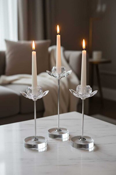 Furkan KRİSTAL TAŞLI 3'LÜ CAM MUMLUK ŞAMDANLIK SETİ GÜMÜŞ