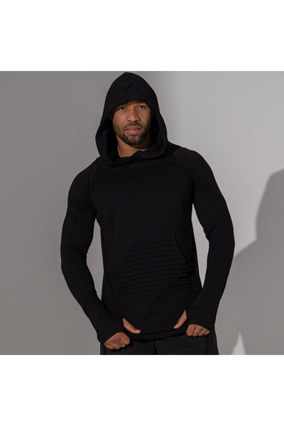 Asimetrix Store Men's black cotton sweatshirt with hood and patch pocket