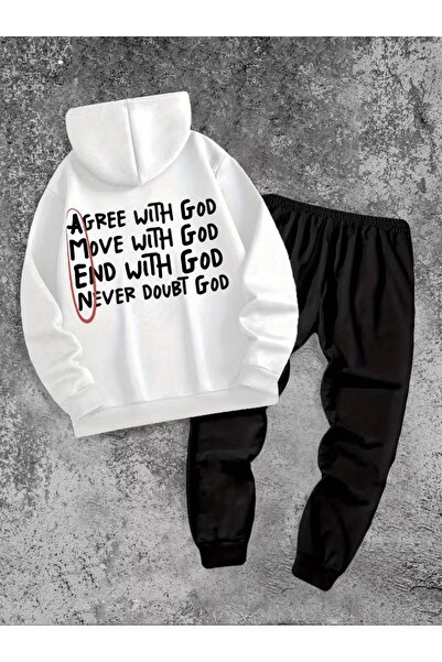 AEMİ Unisex God Printed Hooded Top and Bottom Set