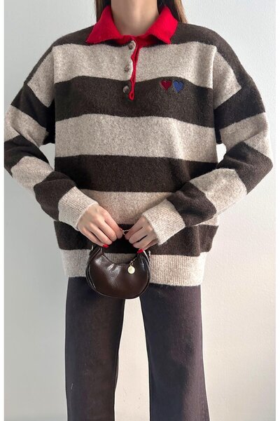 Pinza Women's Brown Heart Embroidery Detailed Polo Collar Knitwear Sweater