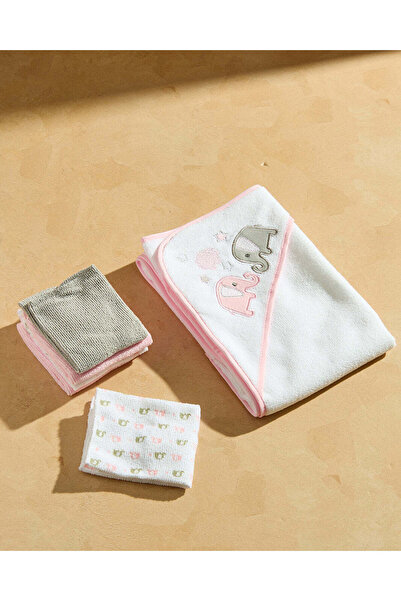 REDTAG White And Pink Hooded Towel And Washcloth Set (6 Piece)