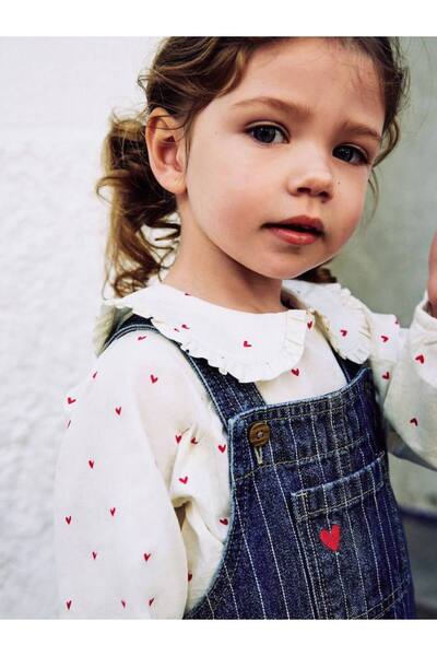 Teeny Weeny Kids New Season Girls' Striped Salopet and Heart-Shaped Shirt Set