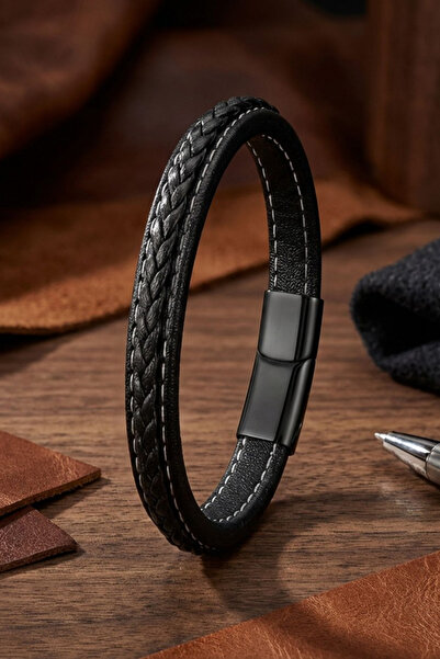 OSMANLI GÜMÜŞ Erkek Deri Bileklik Beyaz Çizgili Siyah Saç Örgü Mıknatıslı Kil...