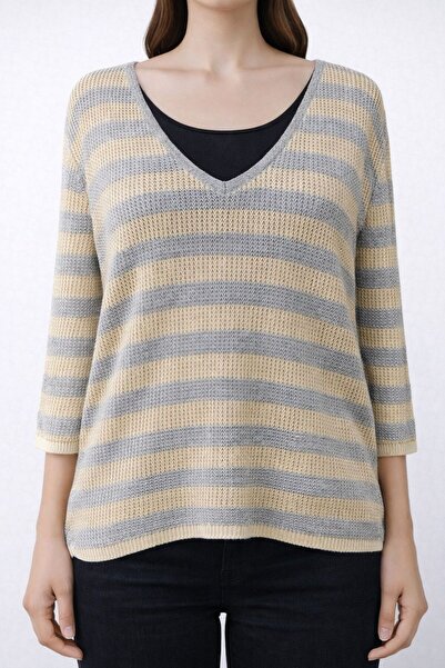 Neden Tekstil Beige Gray Striped V-Neck Asymmetrical Cut Knitwear Blouse