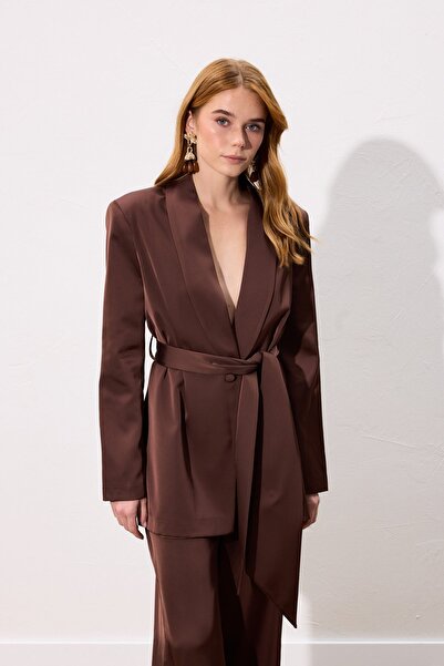 Sateen Belted Satin Jacket - Brown