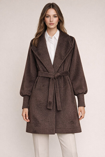 Kirazgym Lined Cashmere Coat with Shawl Collar - Dark Brown