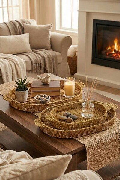 Buffer ®   Interlocking Set of 3 Oval Plastic Rattan Trays – Wicker Look Mult...