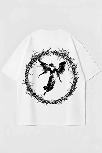 Agolady Tricou unisex oversize cu imprimeu înger și sârmă ghimpată, cu gât ro...