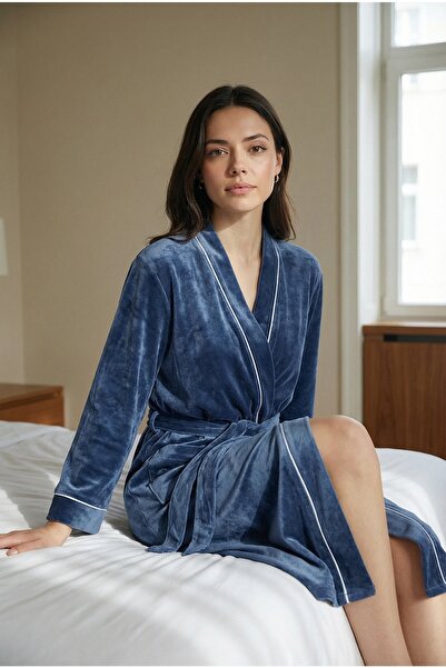 Espuar Women's Velvet Dressing Gown with Pocket Detail and Belt 825