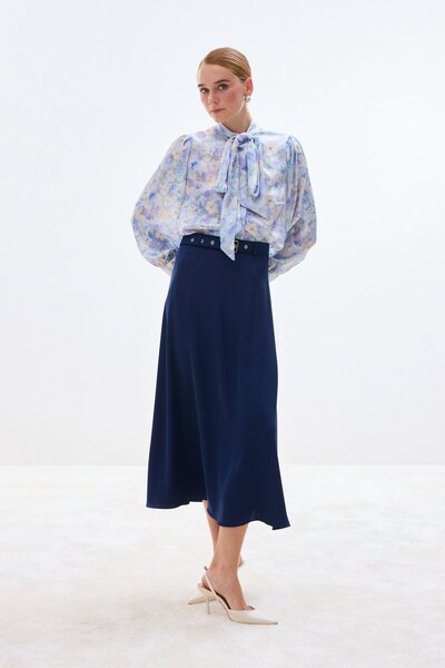 Sateen Belted Satin Skirt - Navy Blue