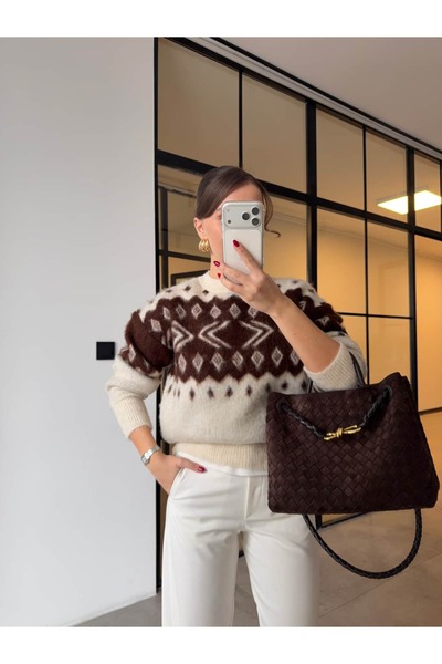 BB Bensu Buyruk BİSİKLET YAKA ETNİK DESENLİ KAZAK