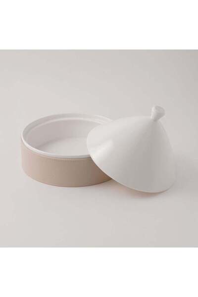 LA MESA Porcelain Tagine With Plain Beige Leather Coat, White, 9.5"