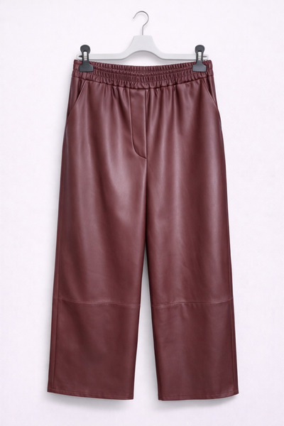 günay boutıque Burgundy Leather Look Elastic Waist Wide Leg Trousers