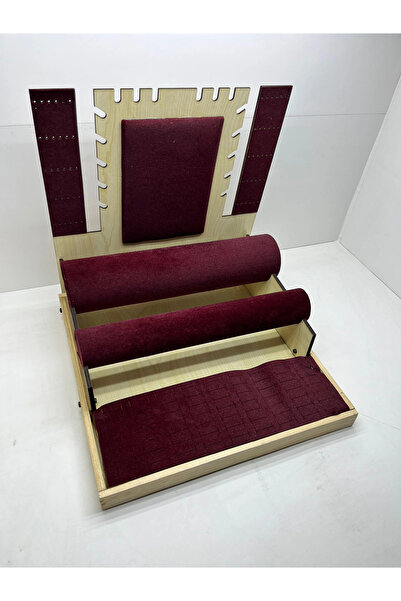 MeGass Dekor Wooden Suede Covered Claret Red Color 35/35 cm Jewelry Display S...