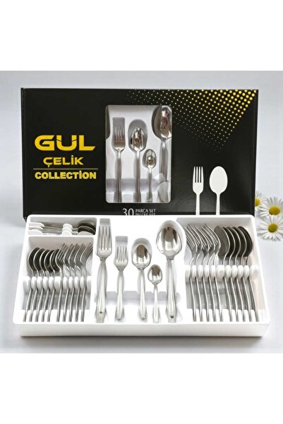 Gül Mutfak 30 Piece Cutlery Set for 6 People with Cord Model Box, 18/0 Quality